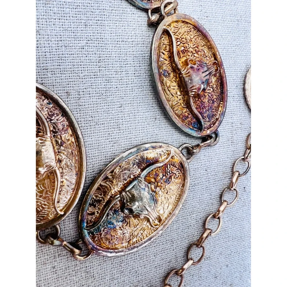 Vintage Western Longhorn Steer Skull Concho Chain Belt Gold Iridescent Patina